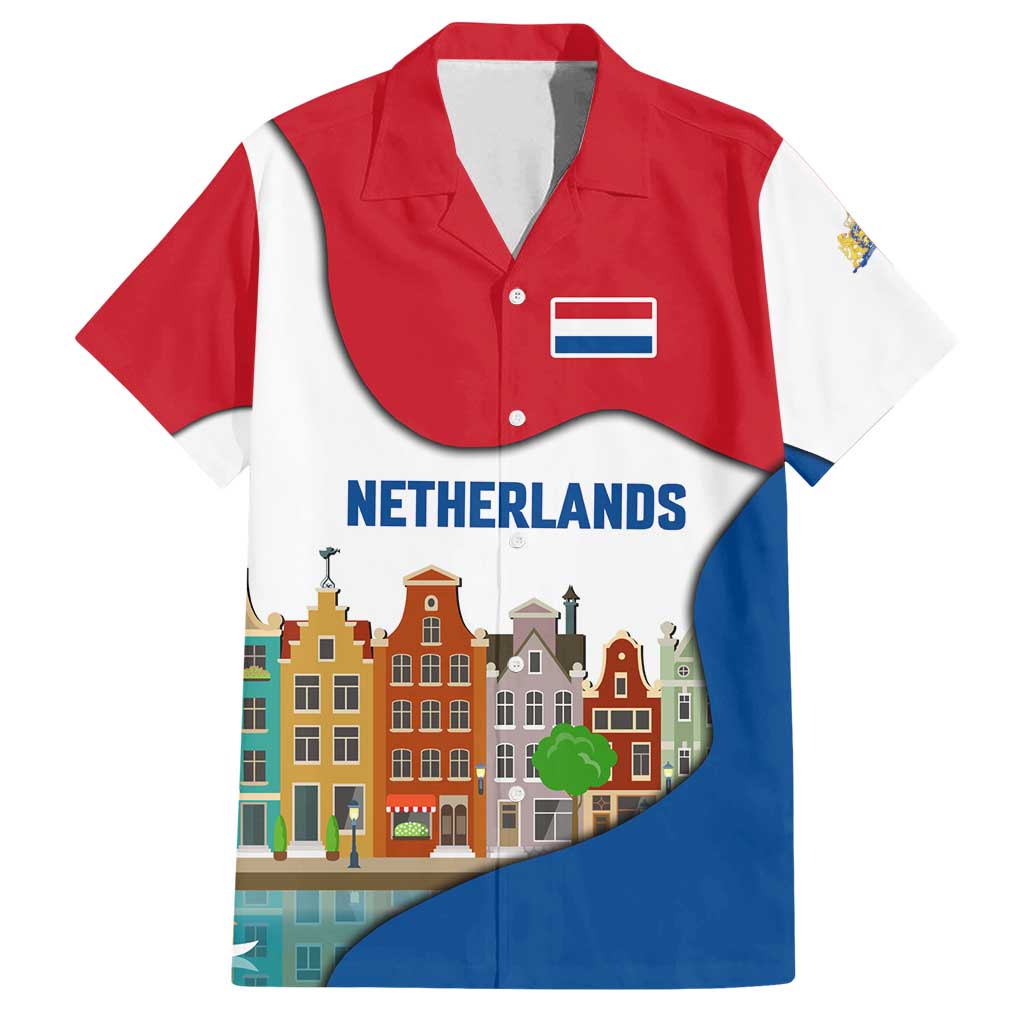 Netherlands Amsterdam Family Matching Off Shoulder Maxi Dress and Hawaiian Shirt with Colorful Canal Houses and National Flag Design - Wonder Print Shop