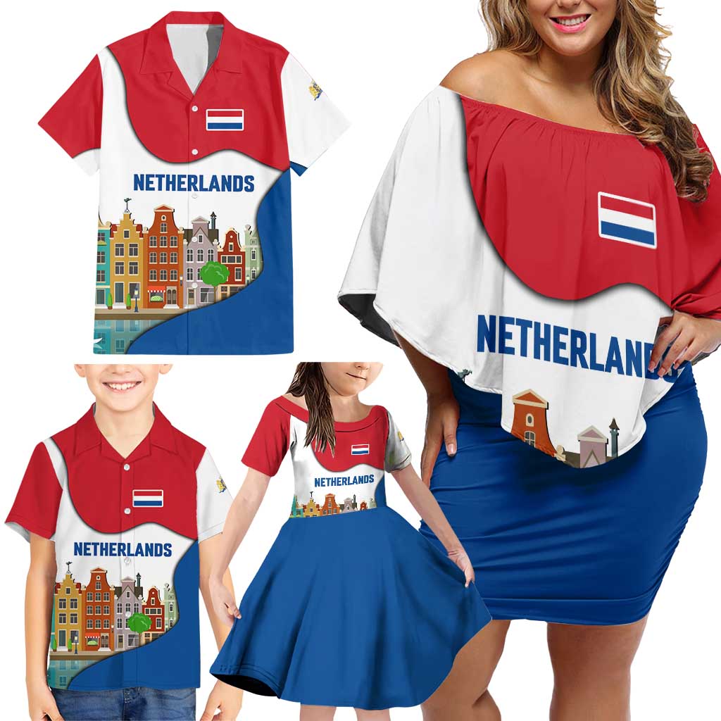 Netherlands Amsterdam Family Matching Off Shoulder Short Dress and Hawaiian Shirt with Colorful Canal Houses and National Flag Design - Wonder Print Shop