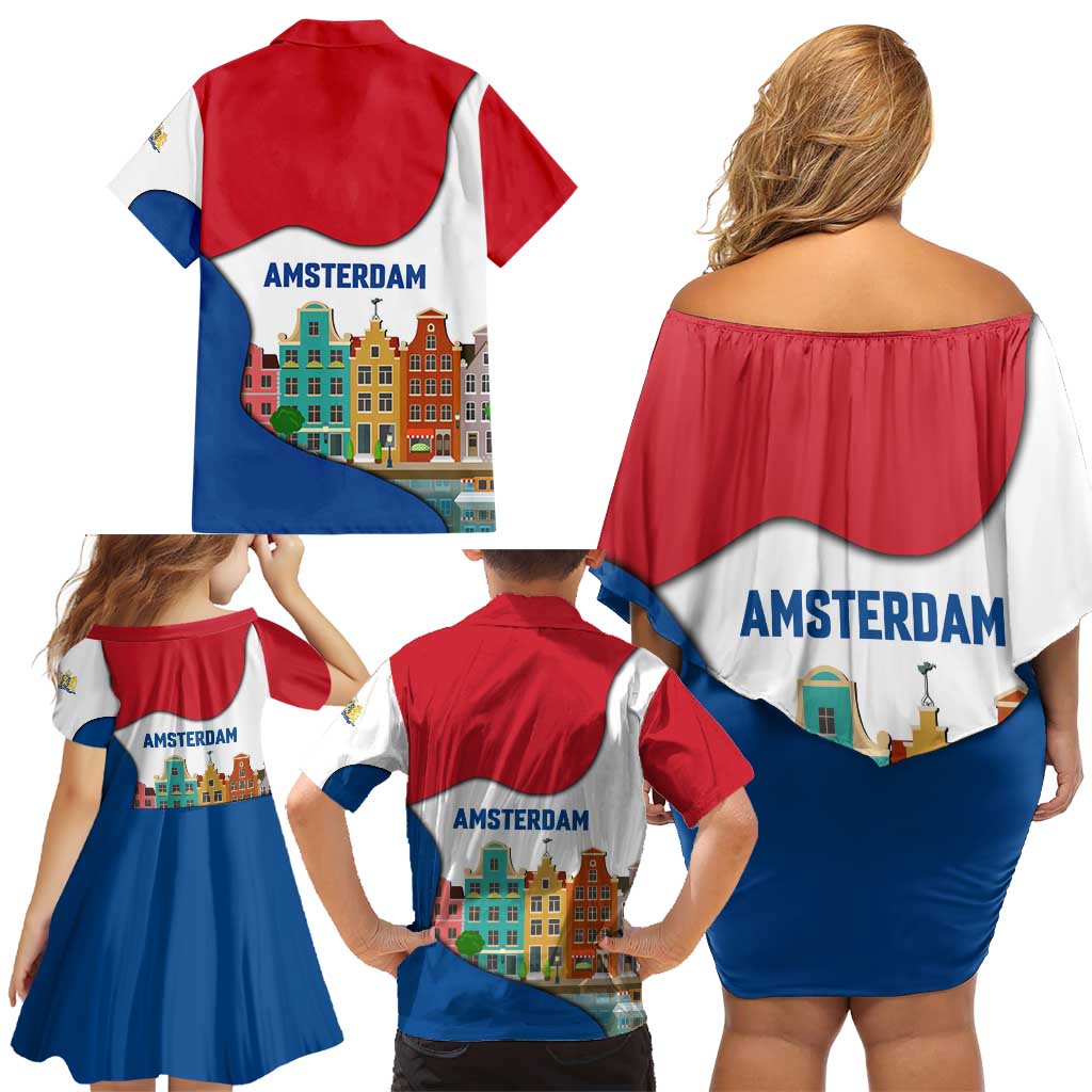 Netherlands Amsterdam Family Matching Off Shoulder Short Dress and Hawaiian Shirt with Colorful Canal Houses and National Flag Design - Wonder Print Shop