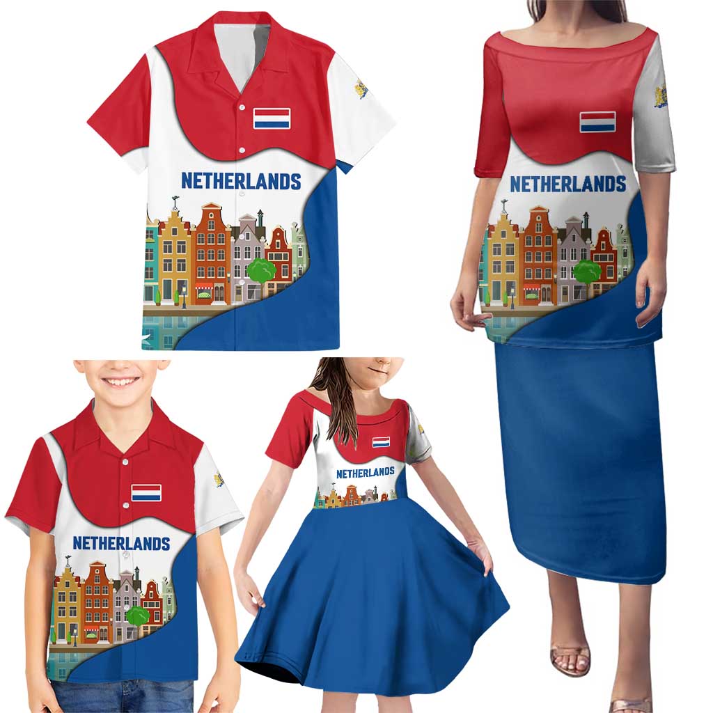 Netherlands Amsterdam Family Matching Puletasi and Hawaiian Shirt with Colorful Canal Houses and National Flag Design - Wonder Print Shop