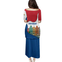 Netherlands Amsterdam Family Matching Puletasi and Hawaiian Shirt with Colorful Canal Houses and National Flag Design - Wonder Print Shop