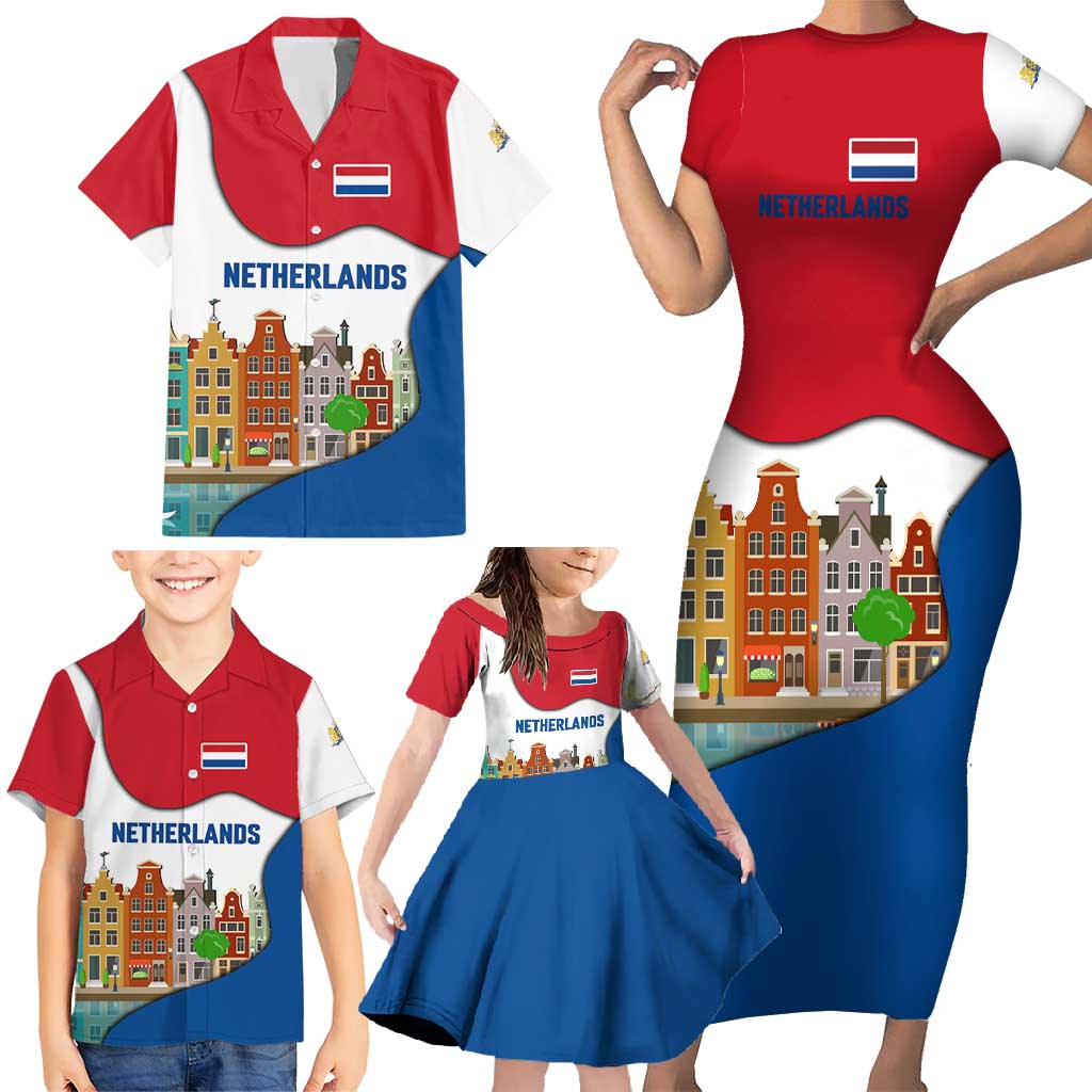 Netherlands Amsterdam Family Matching Short Sleeve Bodycon Dress and Hawaiian Shirt with Colorful Canal Houses and National Flag Design - Wonder Print Shop