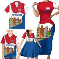 Netherlands Amsterdam Family Matching Short Sleeve Bodycon Dress and Hawaiian Shirt with Colorful Canal Houses and National Flag Design - Wonder Print Shop