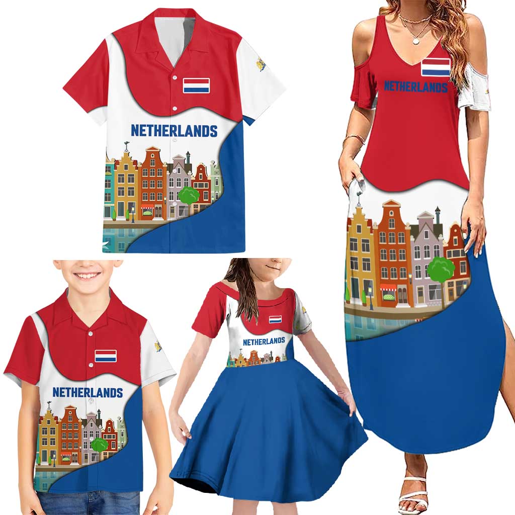 Netherlands Amsterdam Family Matching Summer Maxi Dress and Hawaiian Shirt with Colorful Canal Houses and National Flag Design - Wonder Print Shop