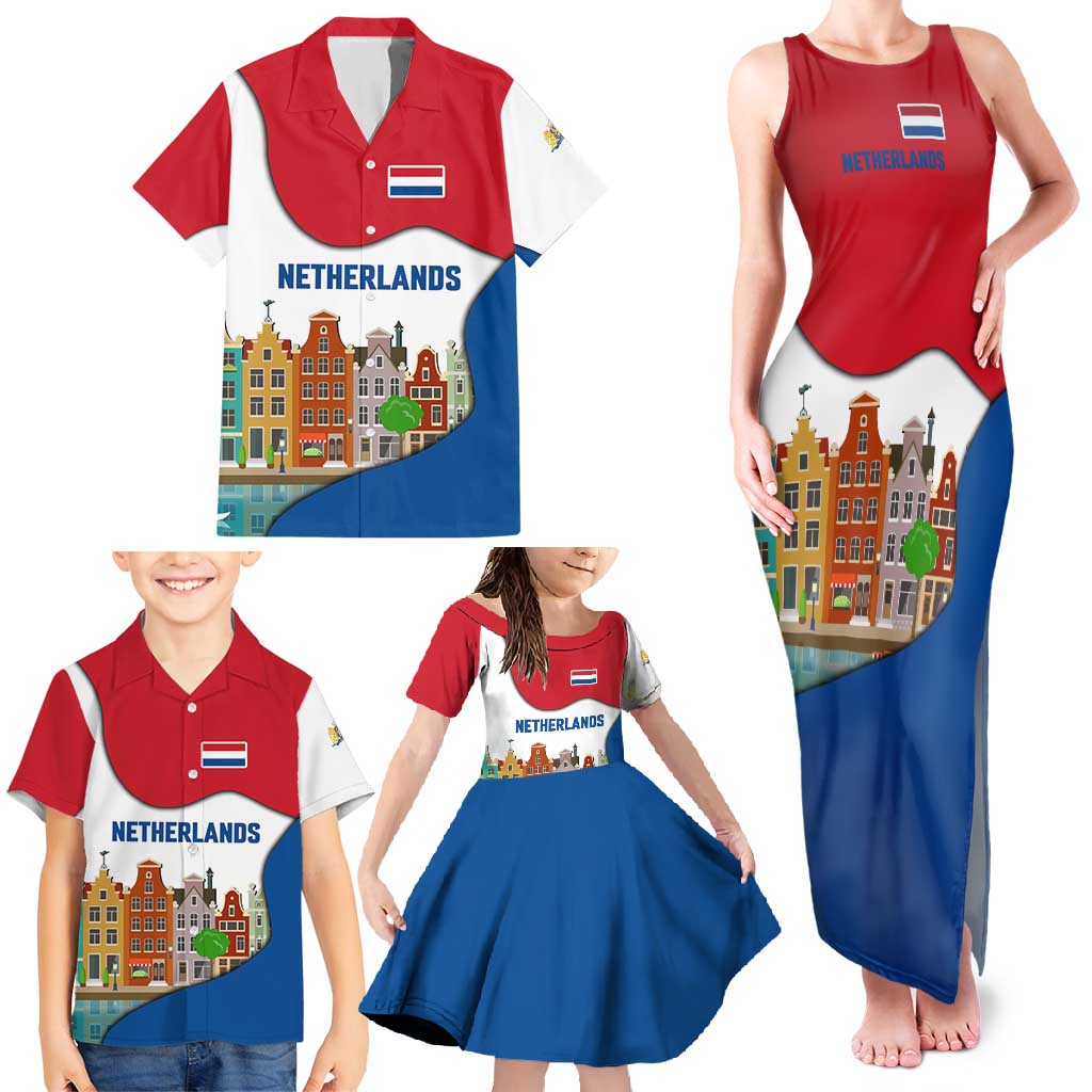 Netherlands Amsterdam Family Matching Tank Maxi Dress and Hawaiian Shirt with Colorful Canal Houses and National Flag Design - Wonder Print Shop