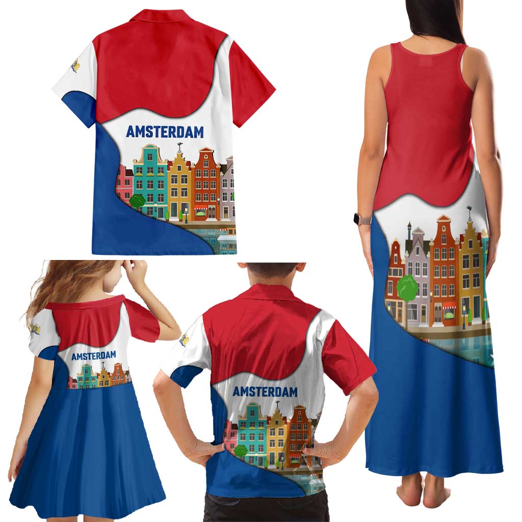 Netherlands Amsterdam Family Matching Tank Maxi Dress and Hawaiian Shirt with Colorful Canal Houses and National Flag Design - Wonder Print Shop