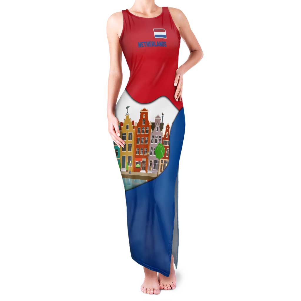 Netherlands Amsterdam Family Matching Tank Maxi Dress and Hawaiian Shirt with Colorful Canal Houses and National Flag Design - Wonder Print Shop