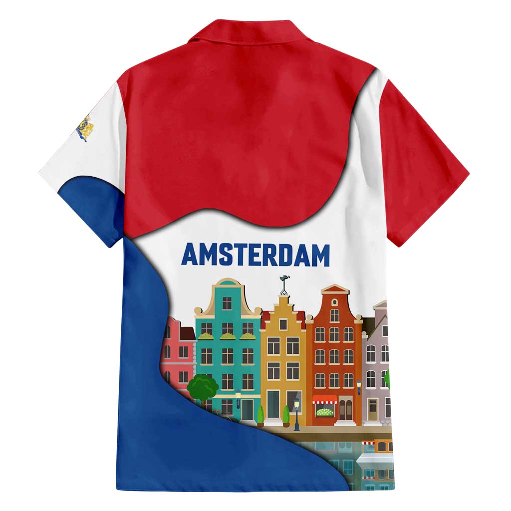 Netherlands Amsterdam Hawaiian Shirt with Colorful Canal Houses and National Flag Design - Wonder Print Shop