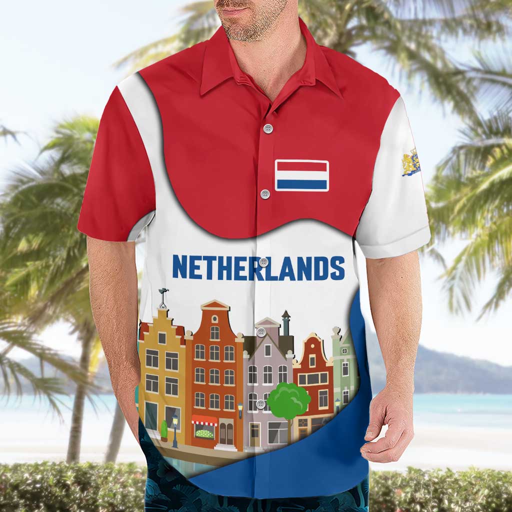 Netherlands Amsterdam Hawaiian Shirt with Colorful Canal Houses and National Flag Design - Wonder Print Shop