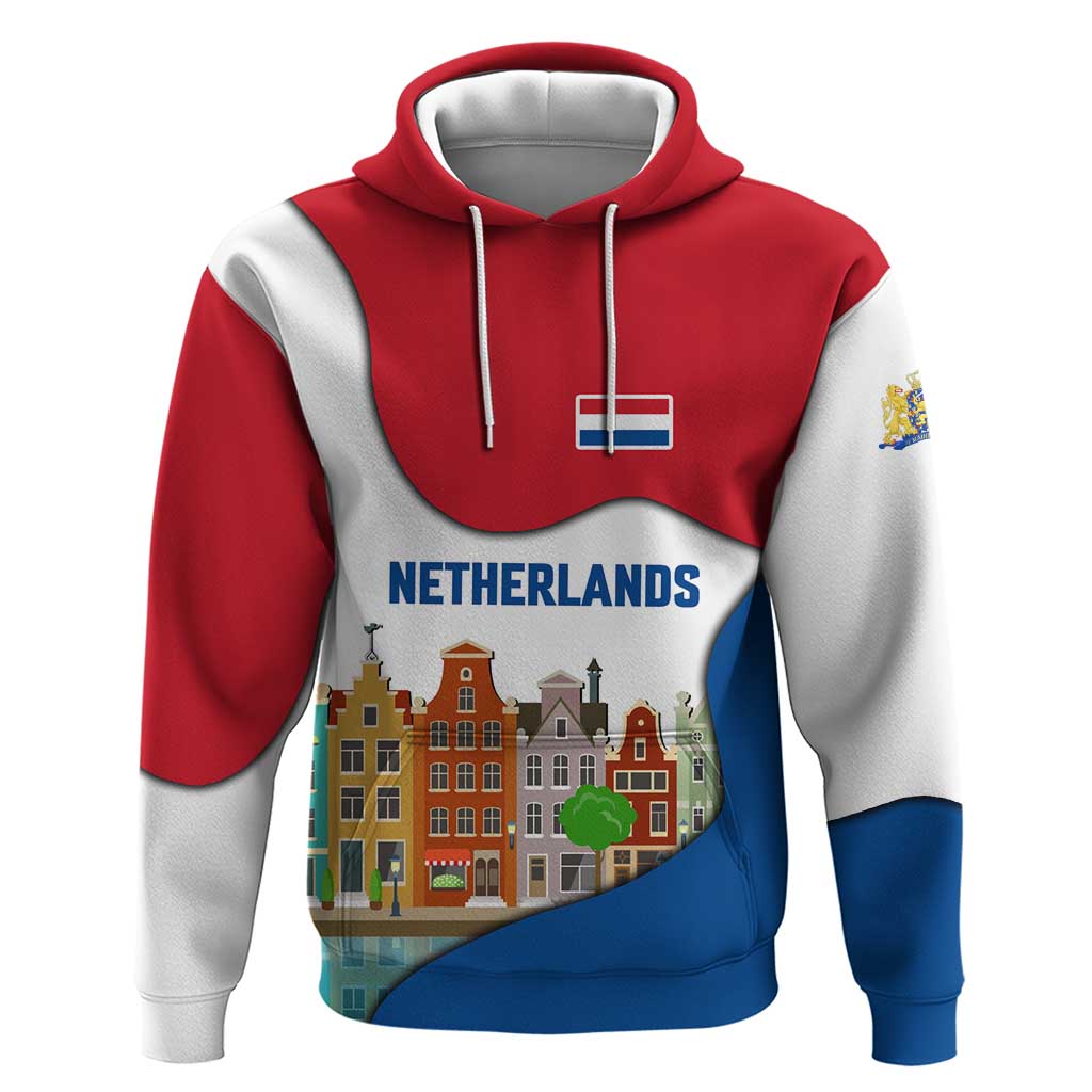 Netherlands Amsterdam Hoodie with Colorful Canal Houses and National Flag Design - Wonder Print Shop