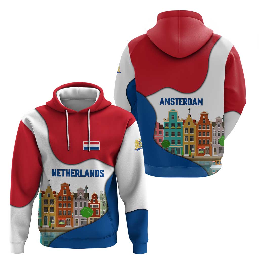 Netherlands Amsterdam Hoodie with Colorful Canal Houses and National Flag Design - Wonder Print Shop