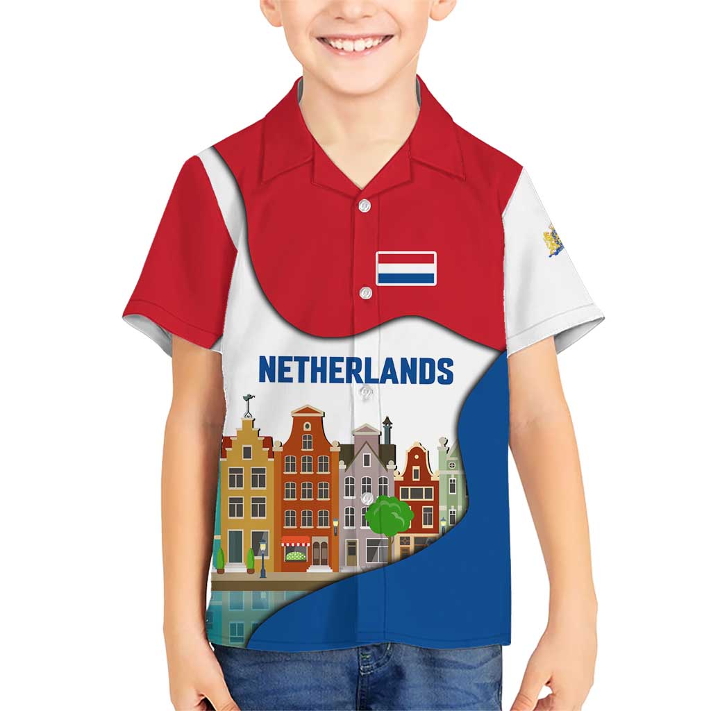 Netherlands Amsterdam Kid Hawaiian Shirt with Colorful Canal Houses and National Flag Design - Wonder Print Shop