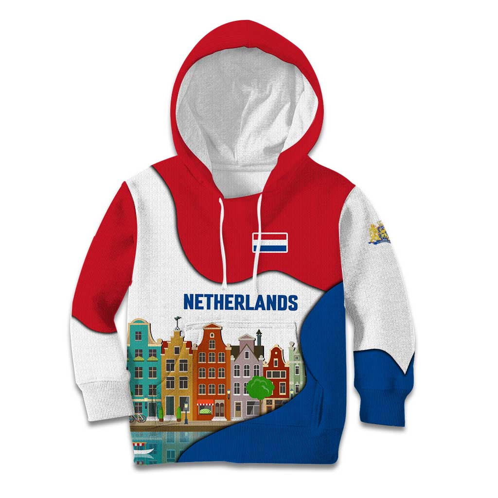 Netherlands Amsterdam Kid Hoodie with Colorful Canal Houses and National Flag Design - Wonder Print Shop