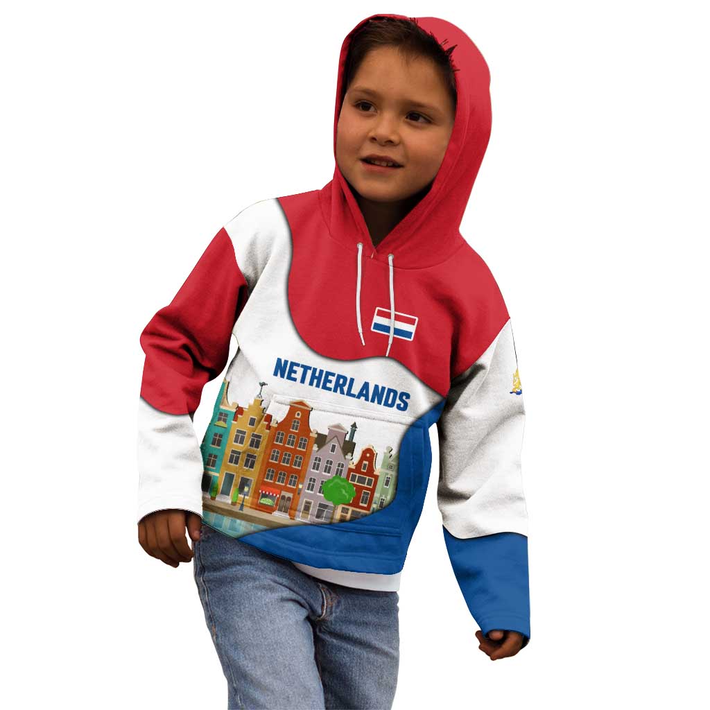 Netherlands Amsterdam Kid Hoodie with Colorful Canal Houses and National Flag Design - Wonder Print Shop