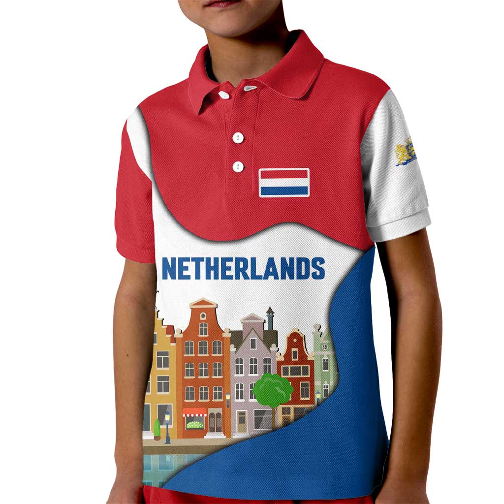 Netherlands Amsterdam Kid Polo Shirt with Colorful Canal Houses and National Flag Design - Wonder Print Shop