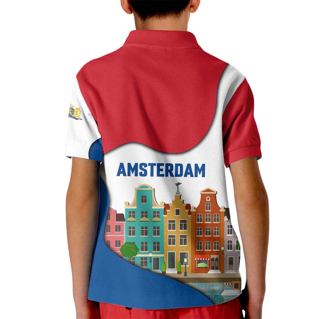 Netherlands Amsterdam Kid Polo Shirt with Colorful Canal Houses and National Flag Design - Wonder Print Shop