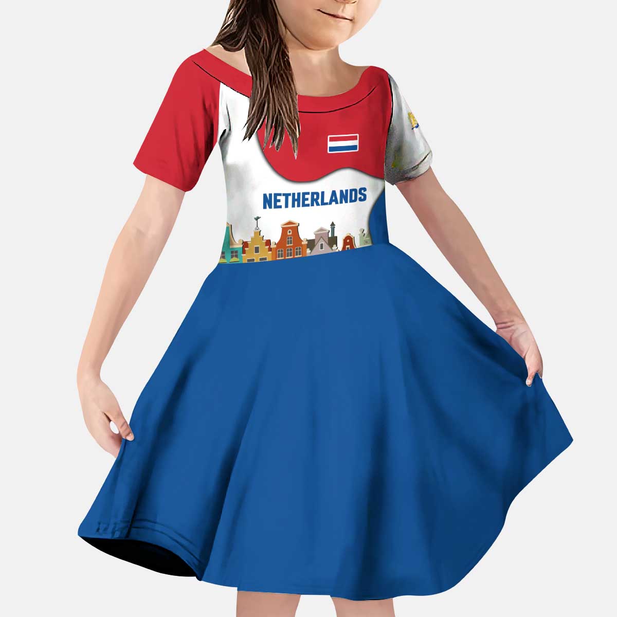 Netherlands Amsterdam Kid Short Sleeve Dress with Colorful Canal Houses and National Flag Design - Wonder Print Shop