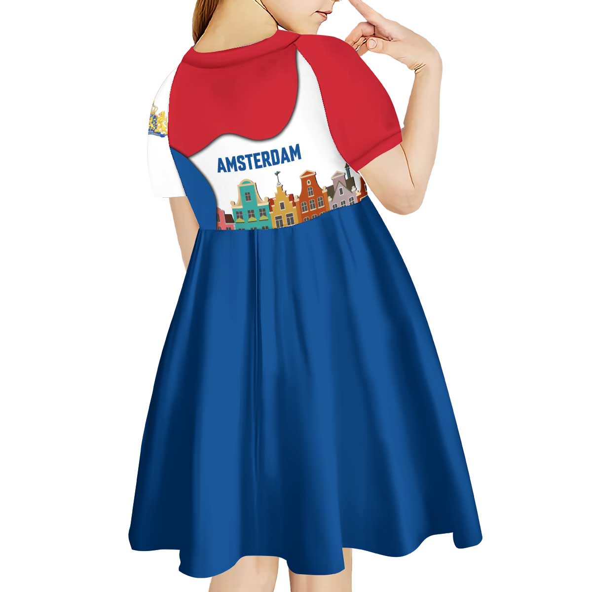 Netherlands Amsterdam Kid Short Sleeve Dress with Colorful Canal Houses and National Flag Design - Wonder Print Shop