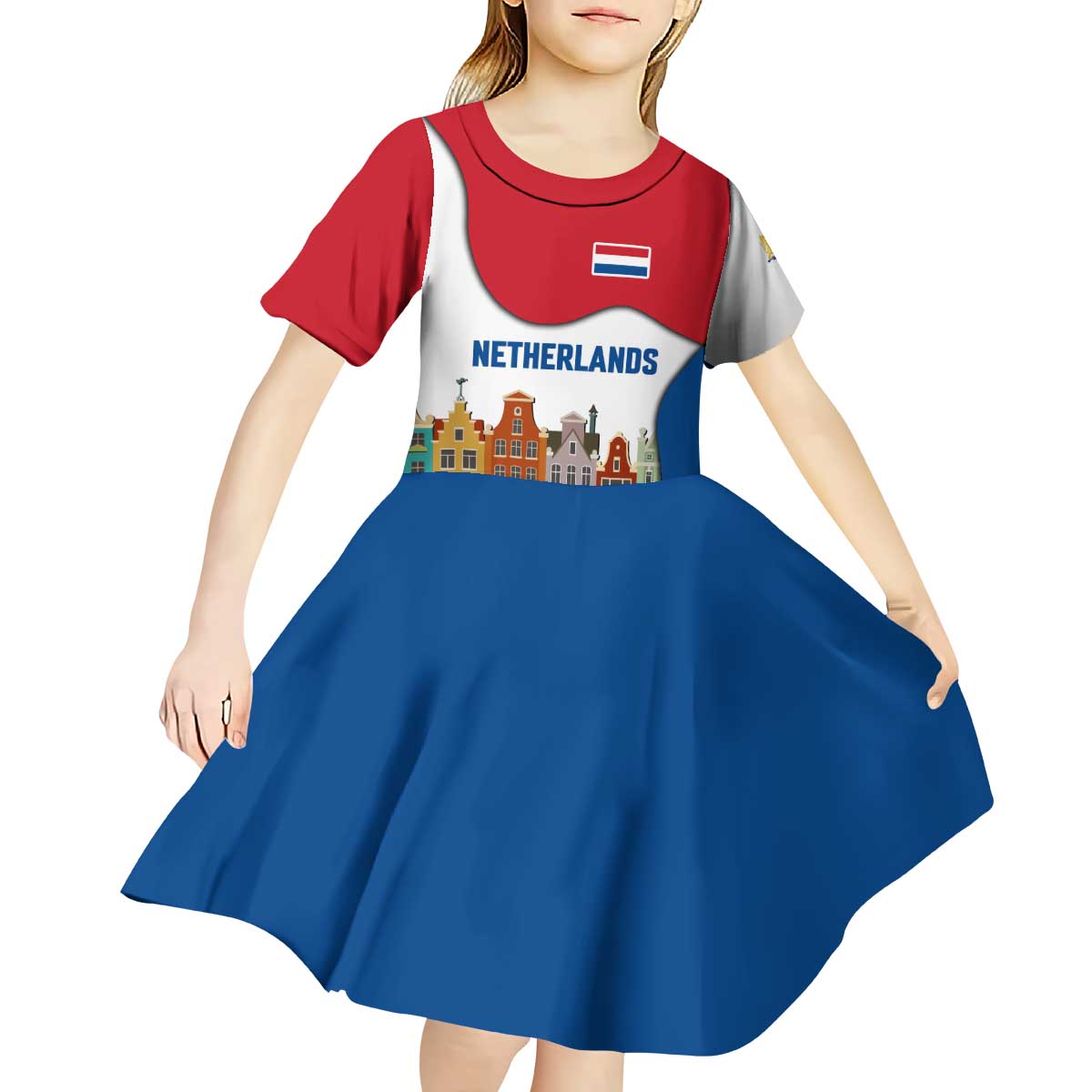Netherlands Amsterdam Kid Short Sleeve Dress with Colorful Canal Houses and National Flag Design - Wonder Print Shop
