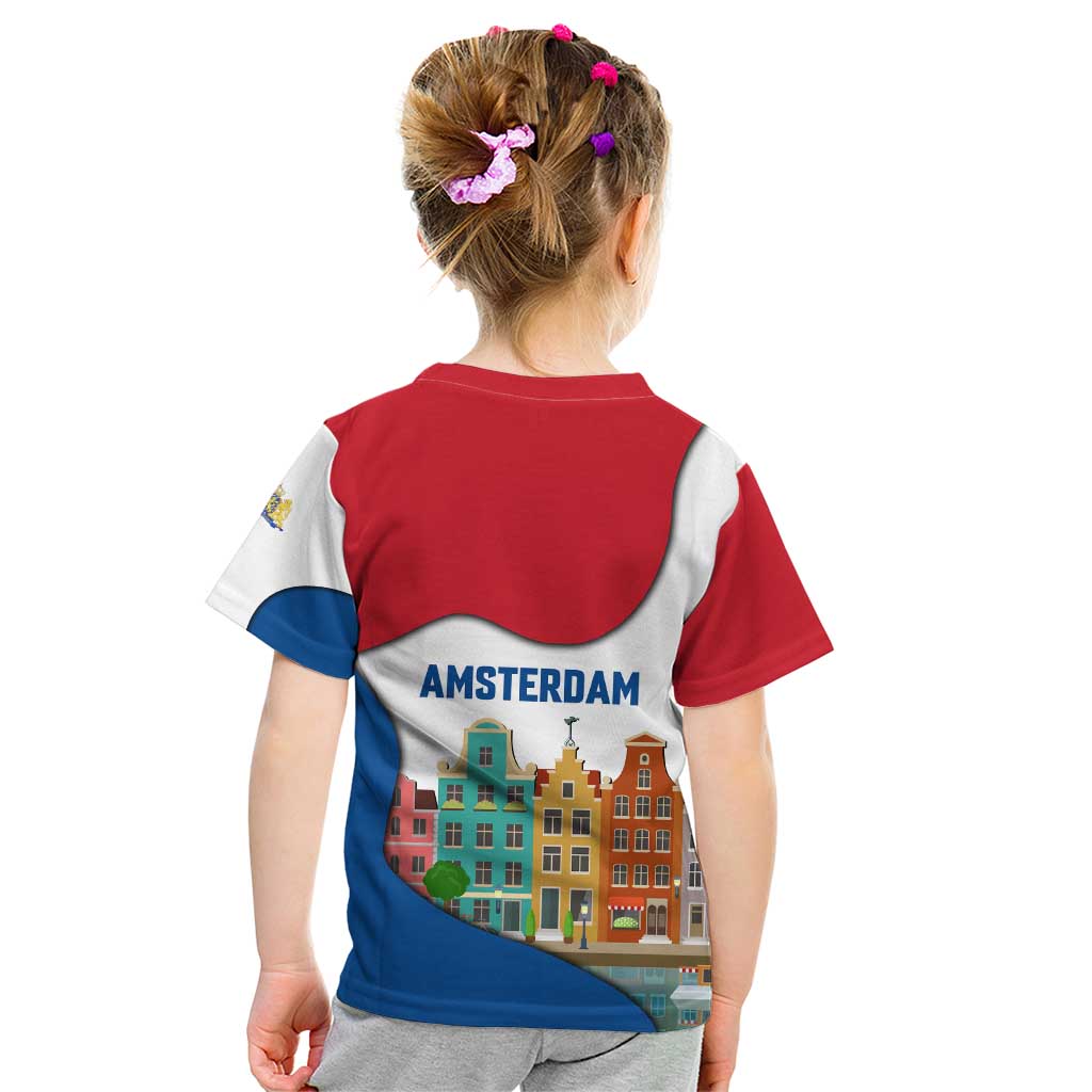 Netherlands Amsterdam Kid T Shirt with Colorful Canal Houses and National Flag Design - Wonder Print Shop