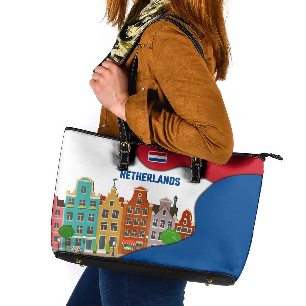 Netherlands Amsterdam Leather Tote Bag with Colorful Canal Houses and National Flag Design - Wonder Print Shop