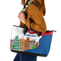 Netherlands Amsterdam Leather Tote Bag with Colorful Canal Houses and National Flag Design - Wonder Print Shop