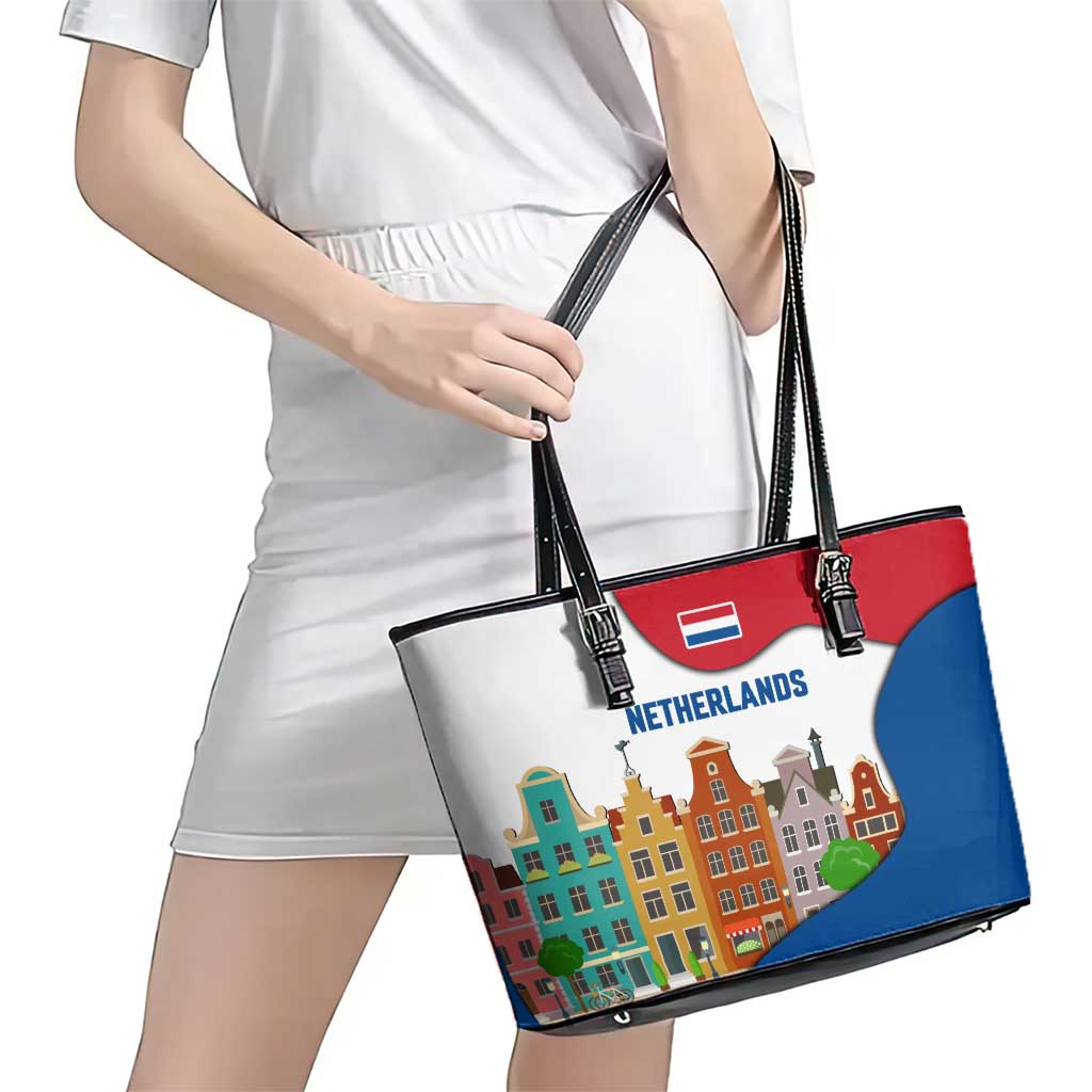 Netherlands Amsterdam Leather Tote Bag with Colorful Canal Houses and National Flag Design - Wonder Print Shop
