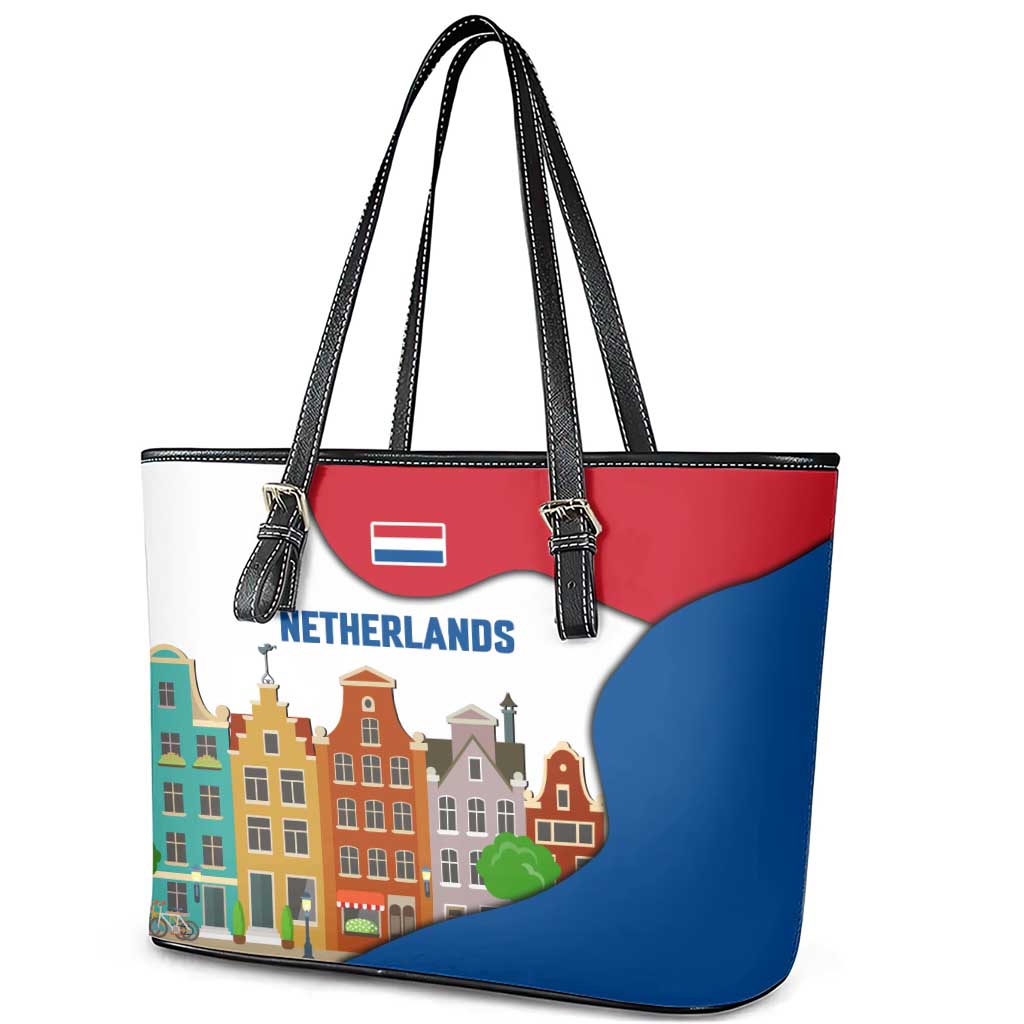 Netherlands Amsterdam Leather Tote Bag with Colorful Canal Houses and National Flag Design - Wonder Print Shop