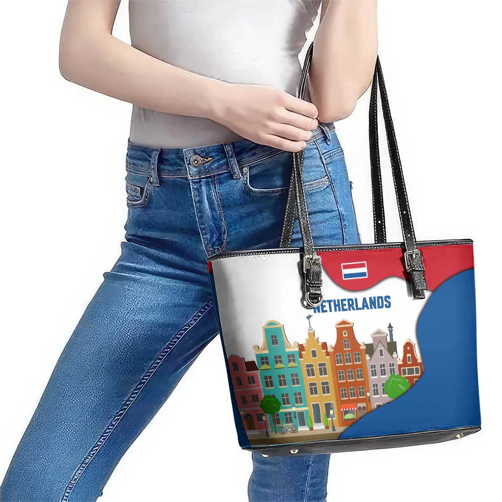 Netherlands Amsterdam Leather Tote Bag with Colorful Canal Houses and National Flag Design - Wonder Print Shop