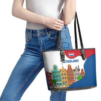 Netherlands Amsterdam Leather Tote Bag with Colorful Canal Houses and National Flag Design - Wonder Print Shop
