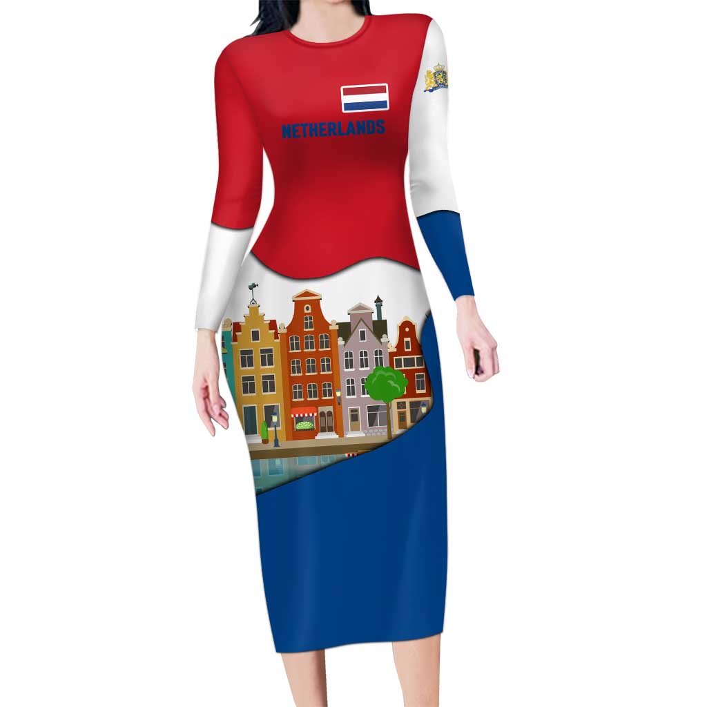 Netherlands Amsterdam Long Sleeve Bodycon Dress with Colorful Canal Houses and National Flag Design - Wonder Print Shop