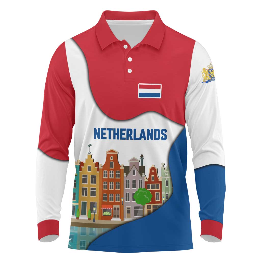 Netherlands Amsterdam Long Sleeve Polo Shirt with Colorful Canal Houses and National Flag Design - Wonder Print Shop