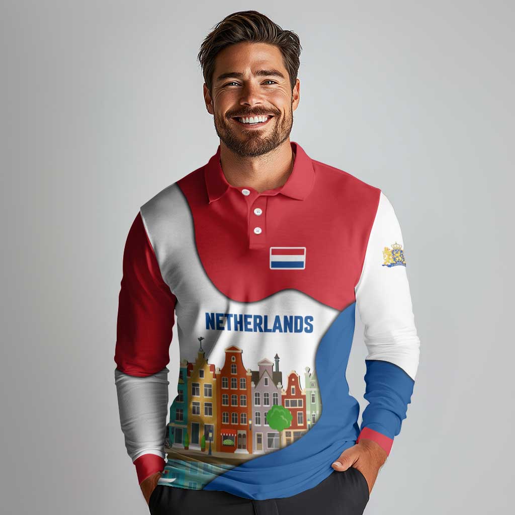 Netherlands Amsterdam Long Sleeve Polo Shirt with Colorful Canal Houses and National Flag Design - Wonder Print Shop