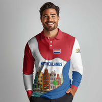 Netherlands Amsterdam Long Sleeve Polo Shirt with Colorful Canal Houses and National Flag Design - Wonder Print Shop
