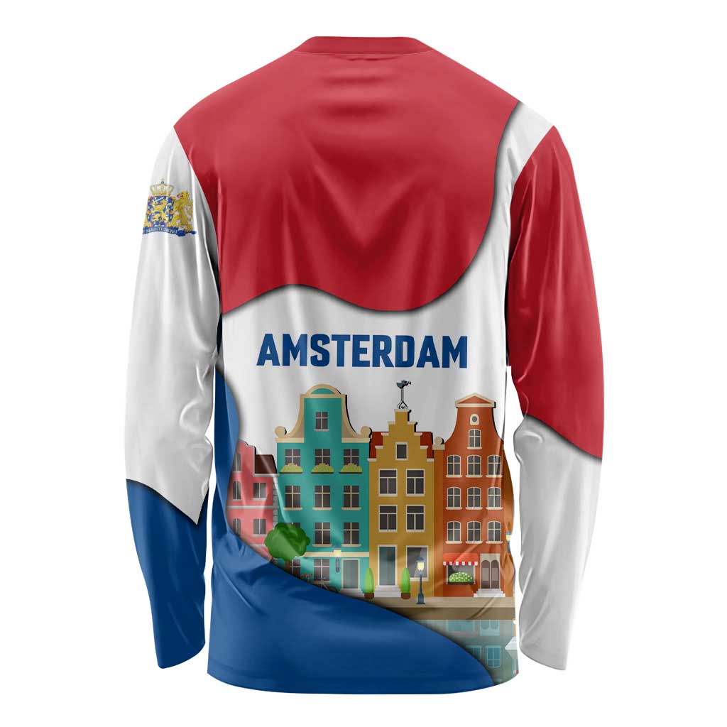 Netherlands Amsterdam Long Sleeve Shirt with Colorful Canal Houses and National Flag Design - Wonder Print Shop