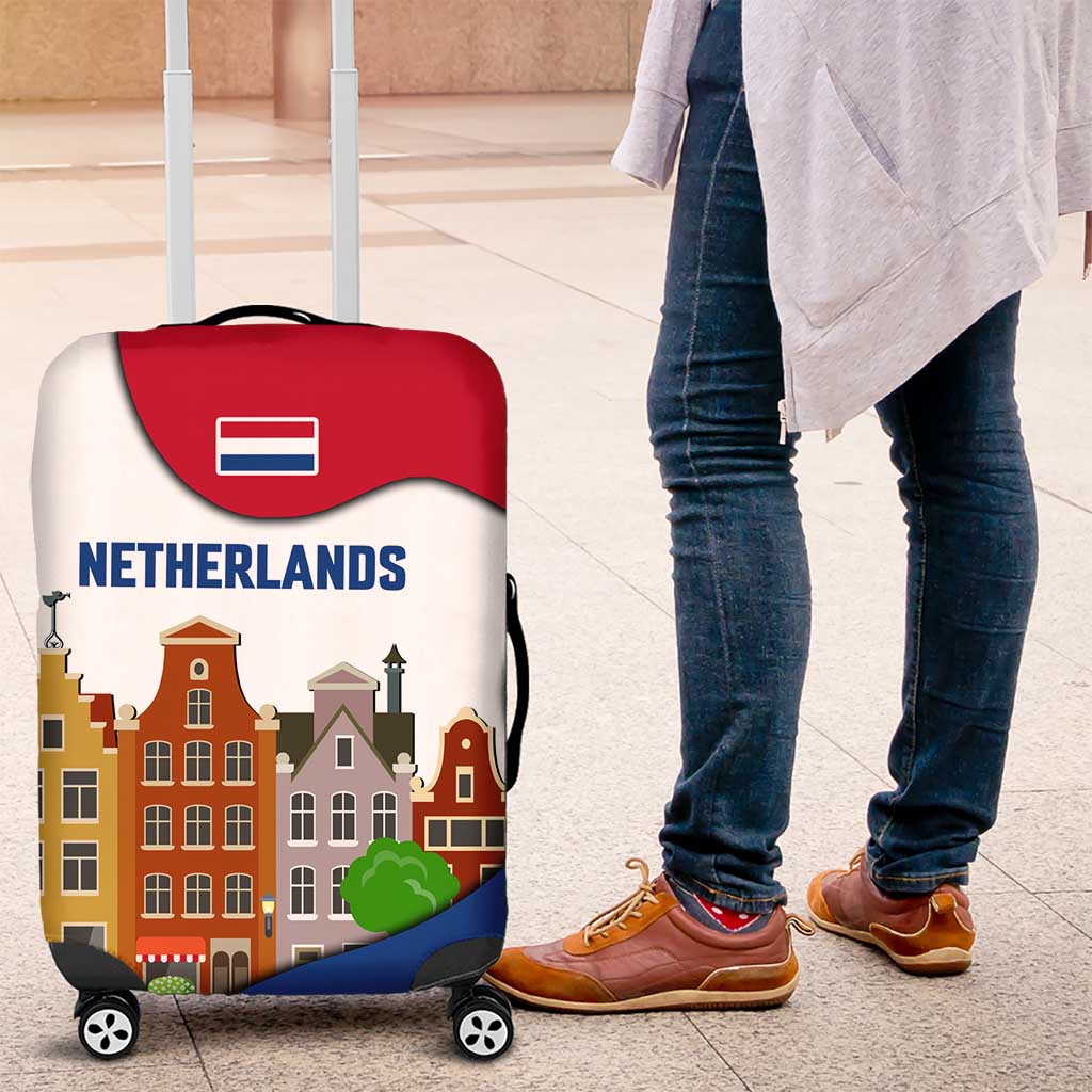 Netherlands Amsterdam Luggage Cover with Colorful Canal Houses and National Flag Design - Wonder Print Shop