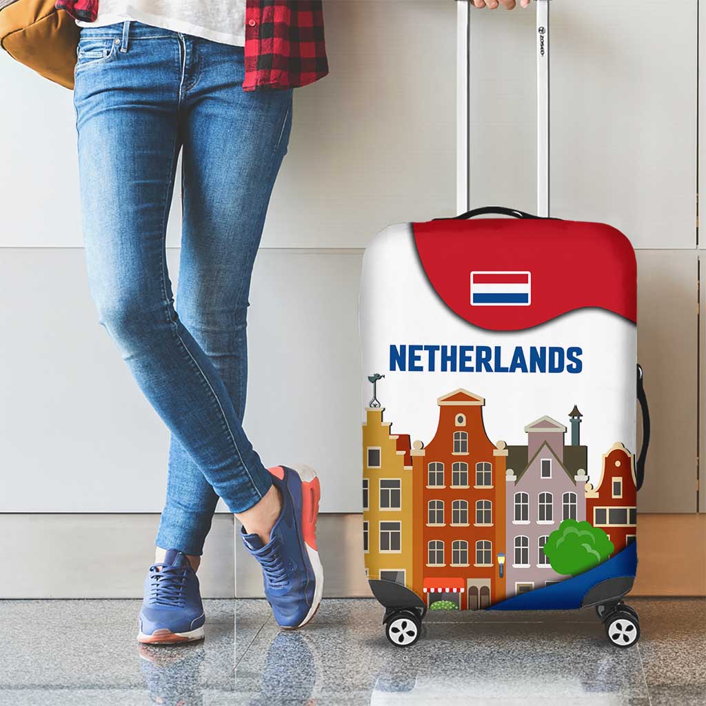 Netherlands Amsterdam Luggage Cover with Colorful Canal Houses and National Flag Design - Wonder Print Shop
