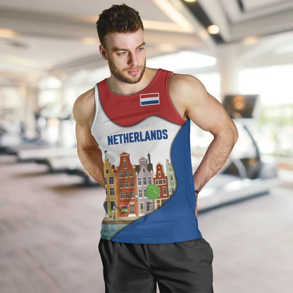 Netherlands Amsterdam Men Tank Top with Colorful Canal Houses and National Flag Design - Wonder Print Shop