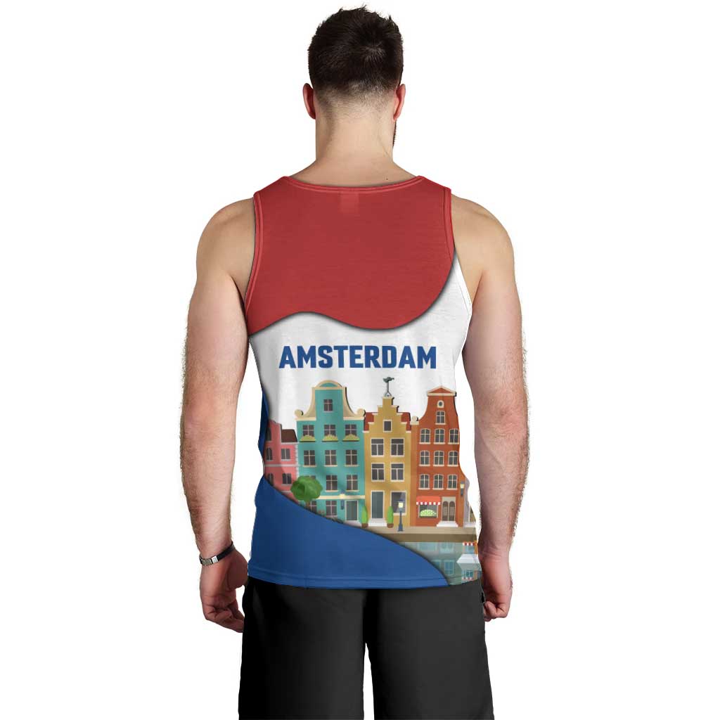 Netherlands Amsterdam Men Tank Top with Colorful Canal Houses and National Flag Design - Wonder Print Shop