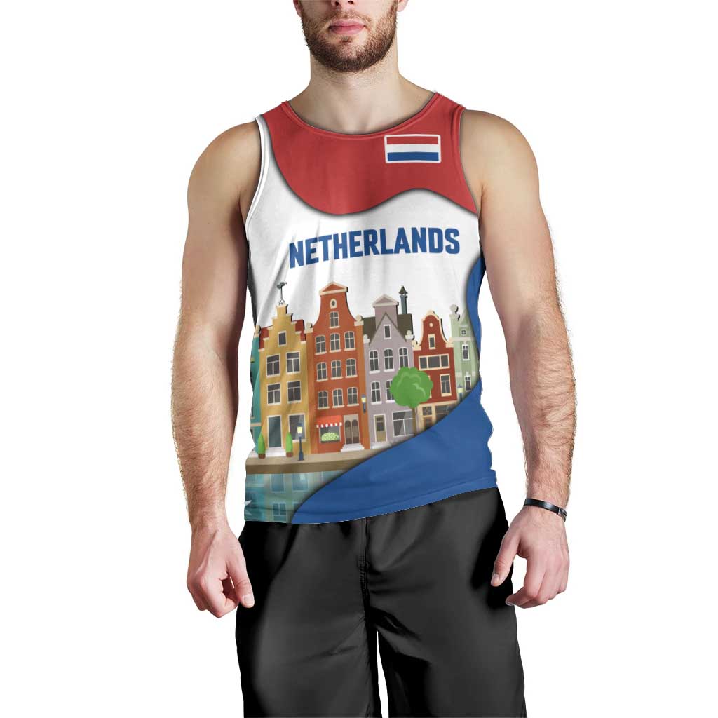 Netherlands Amsterdam Men Tank Top with Colorful Canal Houses and National Flag Design - Wonder Print Shop