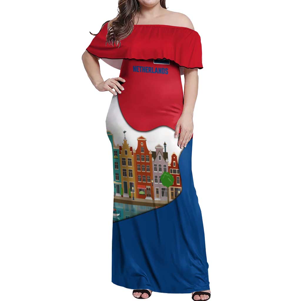 Netherlands Amsterdam Off Shoulder Maxi Dress with Colorful Canal Houses and National Flag Design - Wonder Print Shop