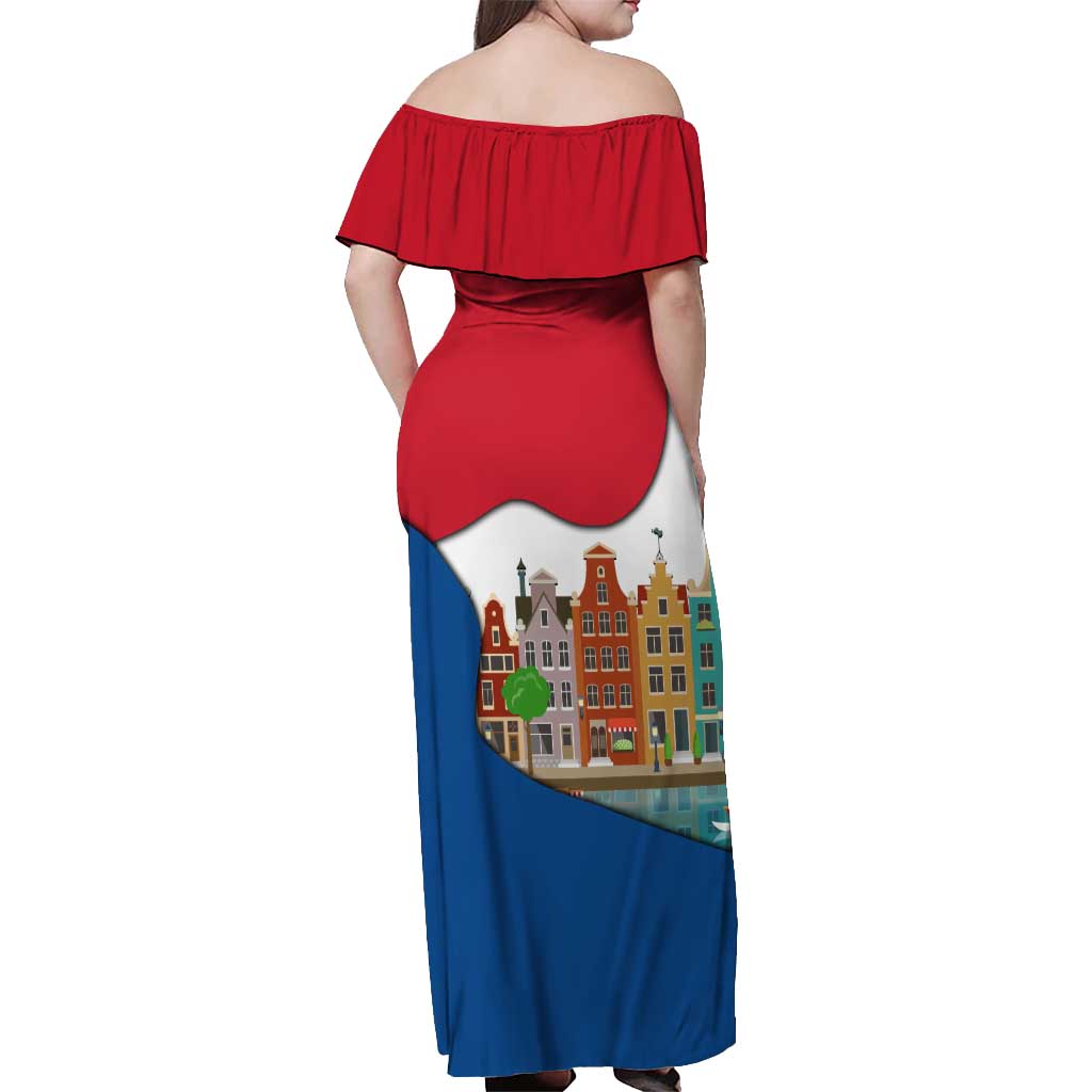Netherlands Amsterdam Off Shoulder Maxi Dress with Colorful Canal Houses and National Flag Design - Wonder Print Shop