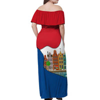 Netherlands Amsterdam Off Shoulder Maxi Dress with Colorful Canal Houses and National Flag Design - Wonder Print Shop