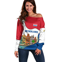 Netherlands Amsterdam Off Shoulder Sweater with Colorful Canal Houses and National Flag Design - Wonder Print Shop