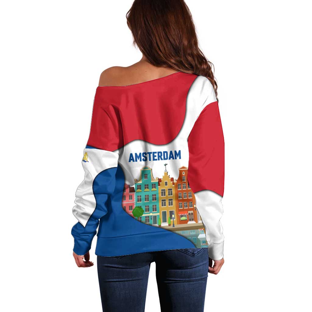Netherlands Amsterdam Off Shoulder Sweater with Colorful Canal Houses and National Flag Design - Wonder Print Shop
