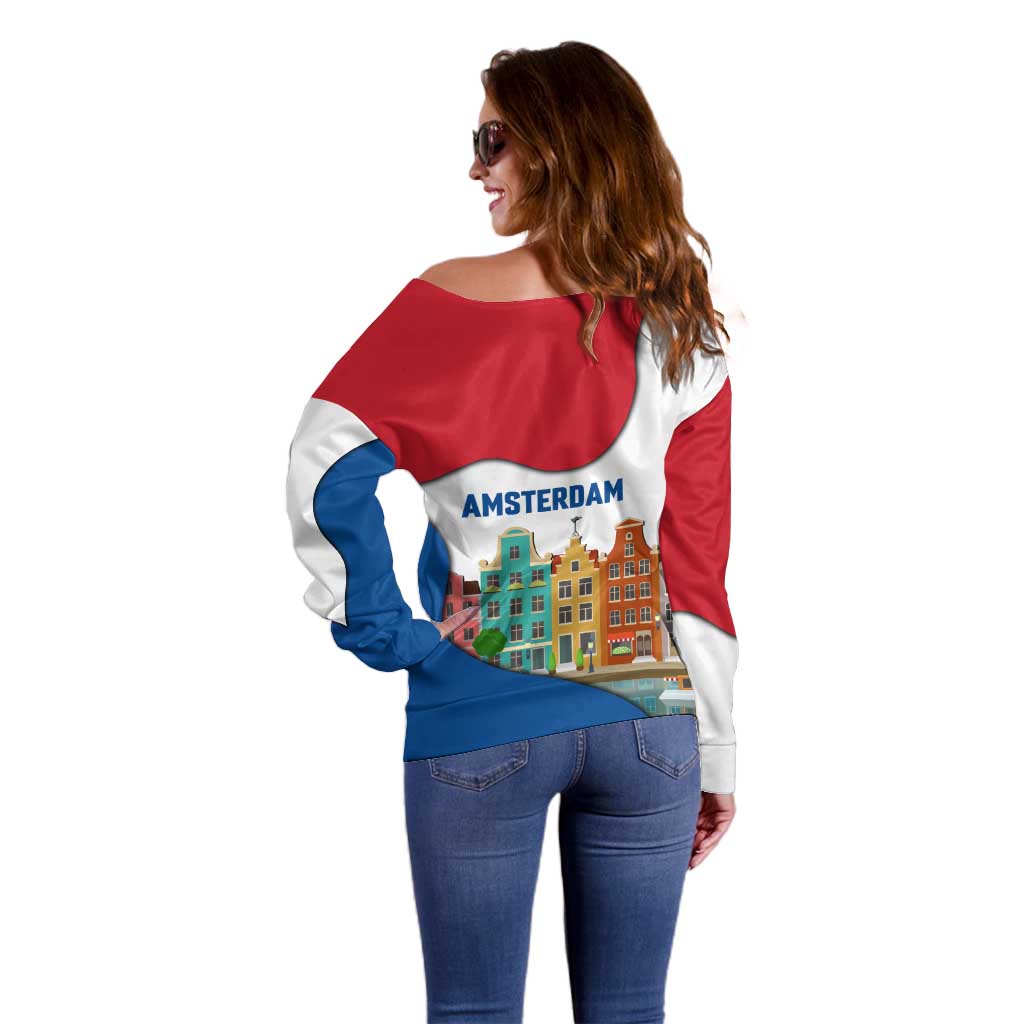 Netherlands Amsterdam Off Shoulder Sweater with Colorful Canal Houses and National Flag Design - Wonder Print Shop