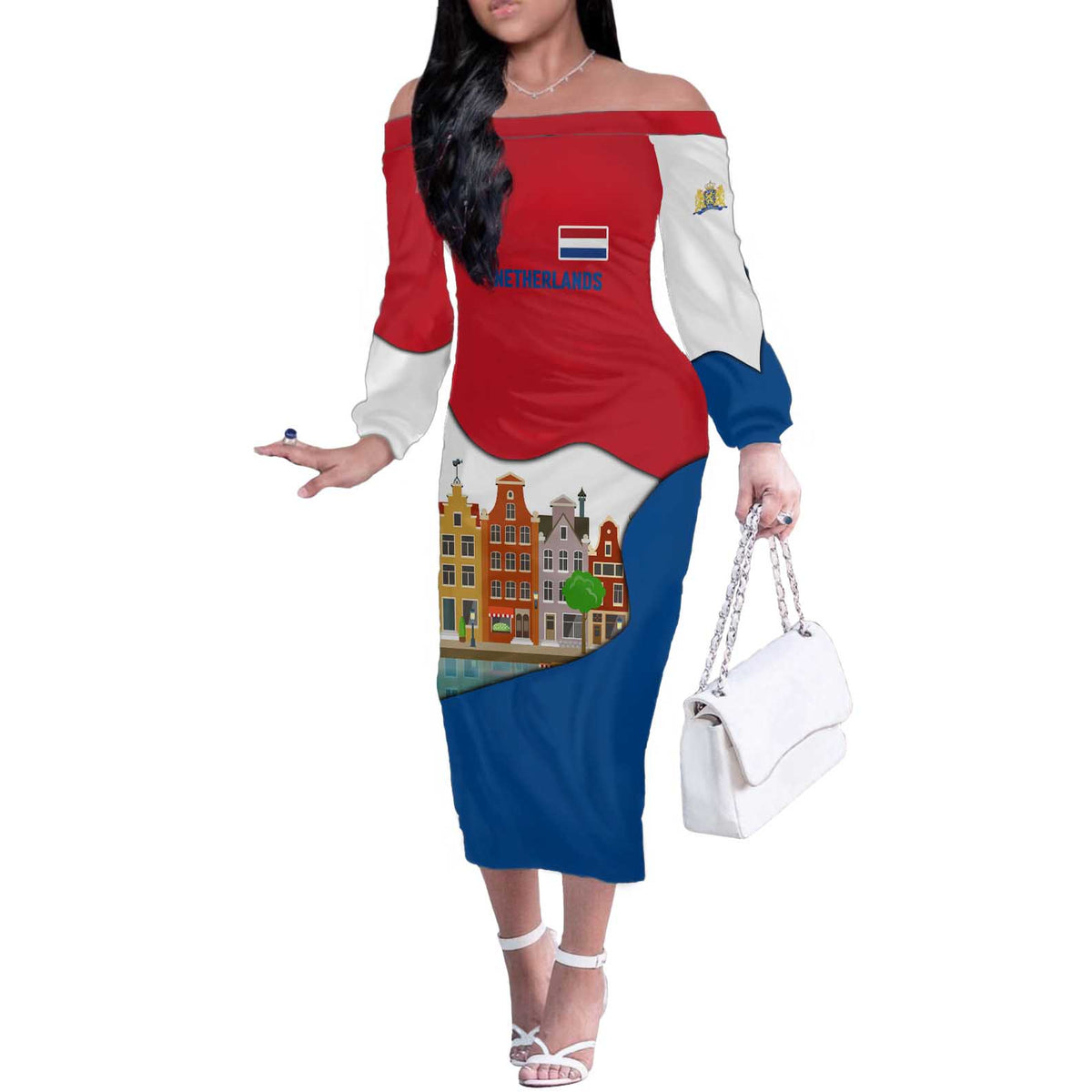 Netherlands Amsterdam Off The Shoulder Long Sleeve Dress with Colorful Canal Houses and National Flag Design - Wonder Print Shop