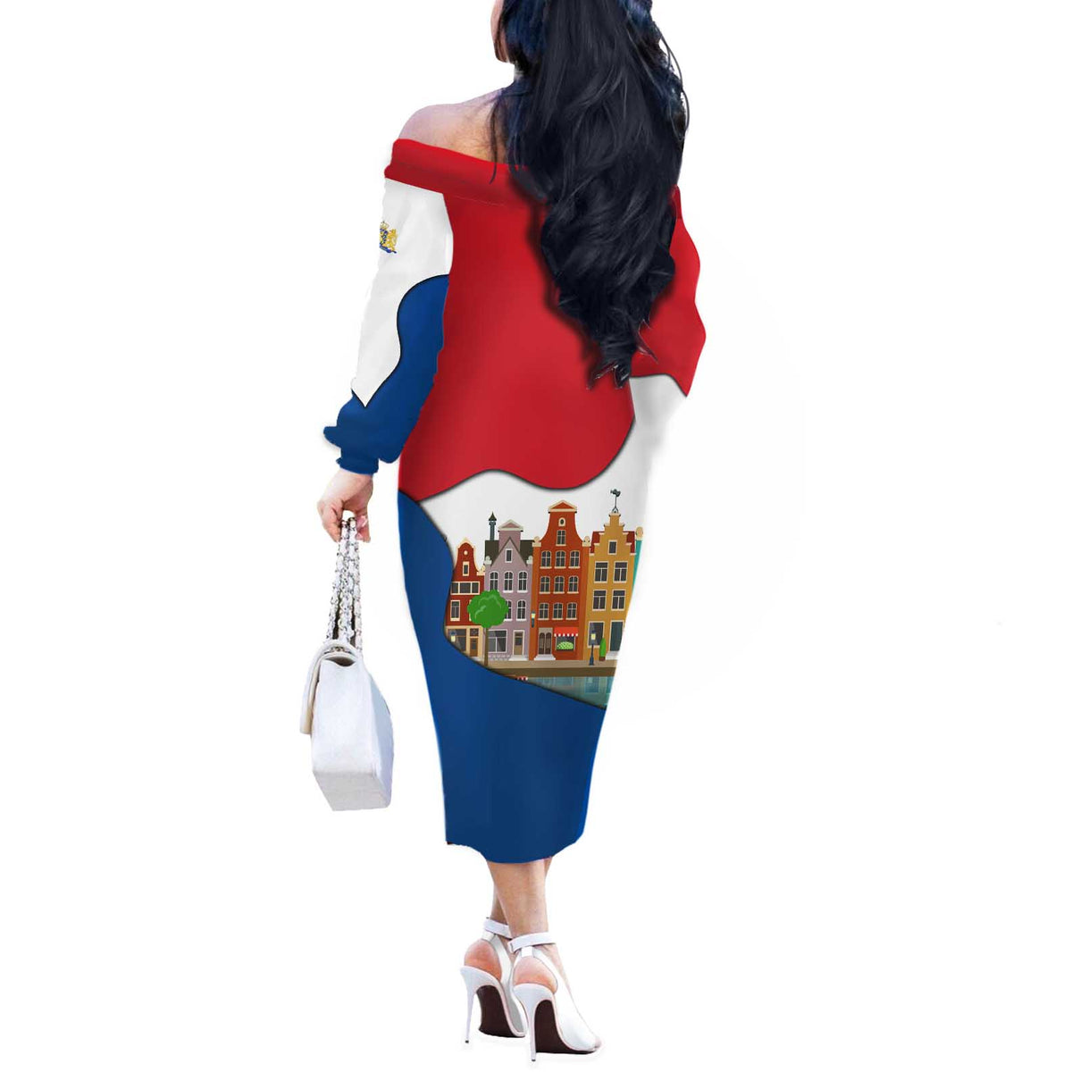 Netherlands Amsterdam Off The Shoulder Long Sleeve Dress with Colorful Canal Houses and National Flag Design - Wonder Print Shop
