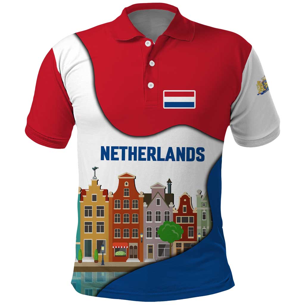 Netherlands Amsterdam Polo Shirt with Colorful Canal Houses and National Flag Design - Wonder Print Shop