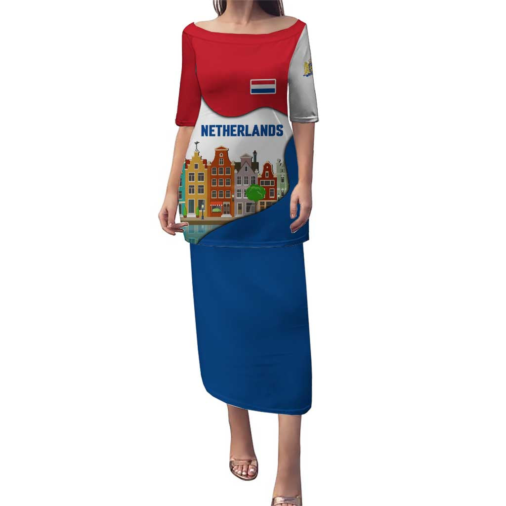 Netherlands Amsterdam Puletasi with Colorful Canal Houses and National Flag Design - Wonder Print Shop